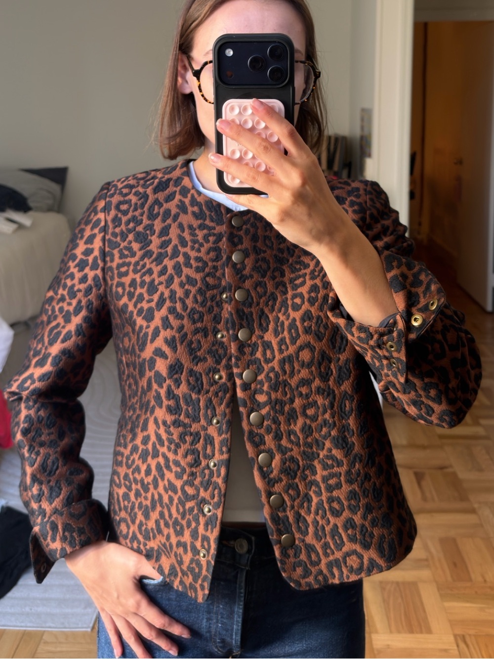Sezane Leopard Print Brown Button-Front Jacket